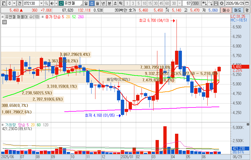 유엔젤 주가 주봉 차트