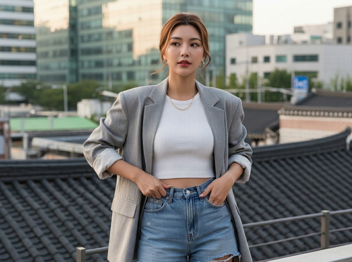 크롭탑 위에 오버사이즈 블레이저를 걸친 레이어드 코디