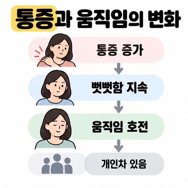 통증 증가, 뻣뻣함 지속, 움직임 호전의 흐름과 개인차가 있음을 표시한 도식