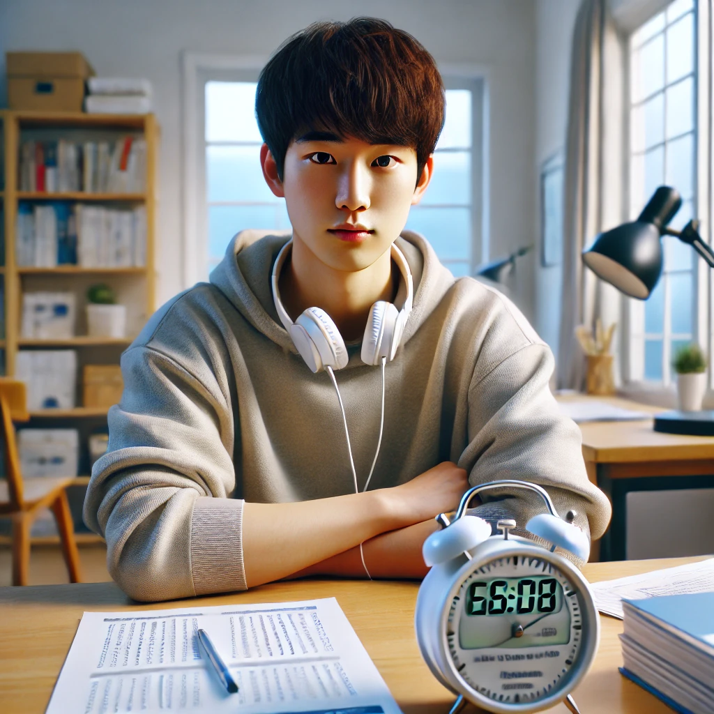 공부방에서 타이머와 시험지를 사용해 시간 관리 연습을 하는 젊은 남성.