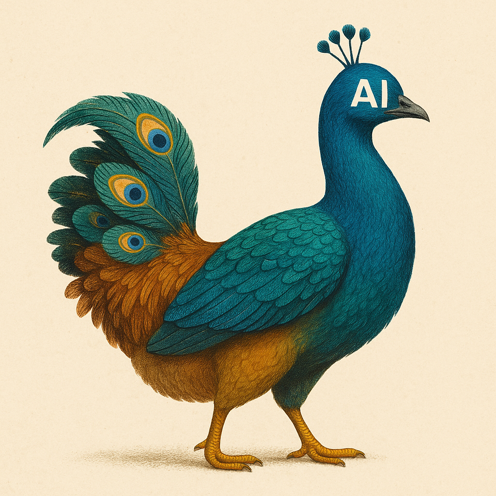화려한 공작새처럼 보이지만 뒷모습은 닭을 닮은 AI를 상징하는 새