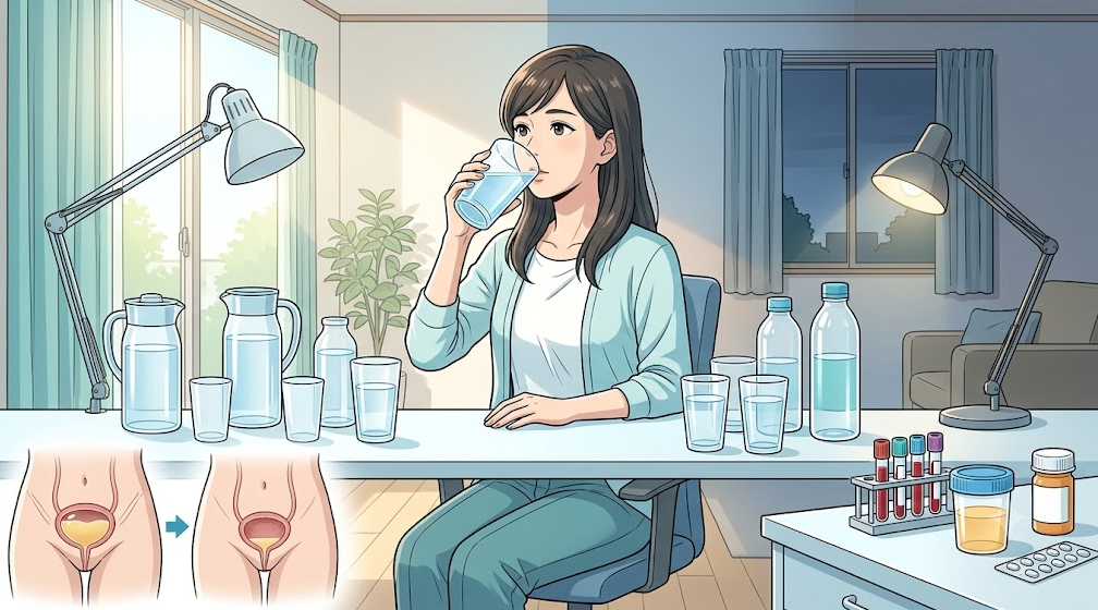 갈증으로 물을 자주 마시며 낮과 밤 전체에 걸쳐 소변량이 증가하는 다뇨 상태 시각화 일러스트