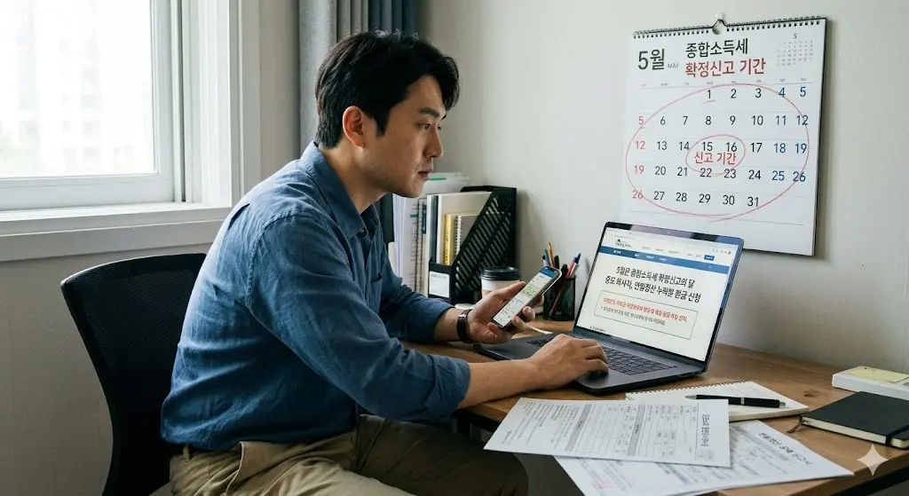 직장인이 중도 퇴사 및 2월 연말정산 누락분을 환급받기 위해 5월 종합소득세 확정신고 기간을 확인하는 모습