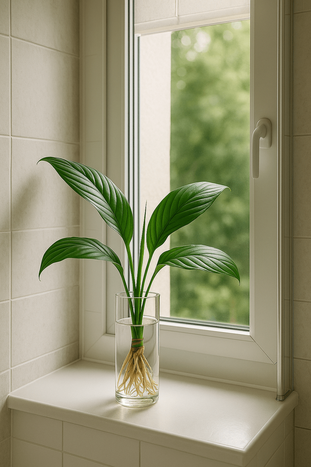 욕실 창가에 놓여있는 스파트필름 유리병