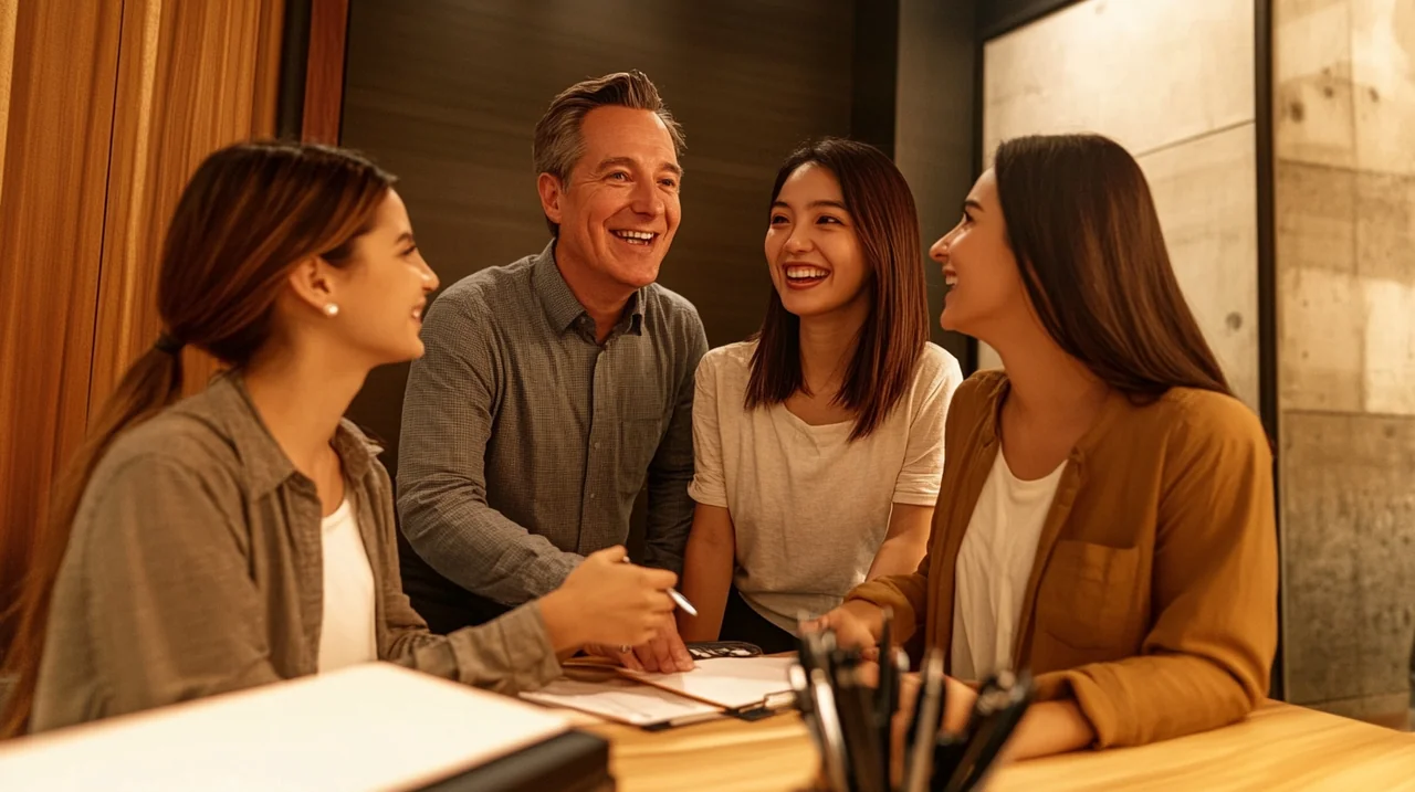 현대적 사무실에서 재정 상담사가 젊은 부부와 ETF 투자 전략을 논의하며 신뢰와 정보력을 바탕으로 한 금융 계획을 제시합니다.