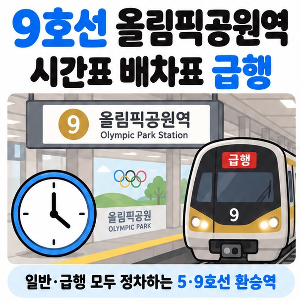 9호선 올림픽공원역 역명판과 급행열차 시계 아이콘을 중심으로 9호선 올림픽공원역 시간표 배차표 급행 문구를 보여주는 대표 이미지