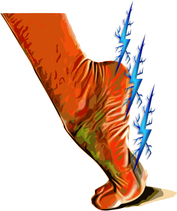 발간색 한쪽발이 까치발로 서있으며 발바닥전체에 파란 번개 번개모양가시