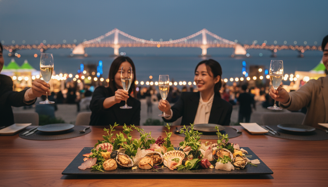 밤의 광안대교를 배경으로 미쉐린 셰프의 화려한 해산물 요리가 차려진 부산 미식 축제 전경