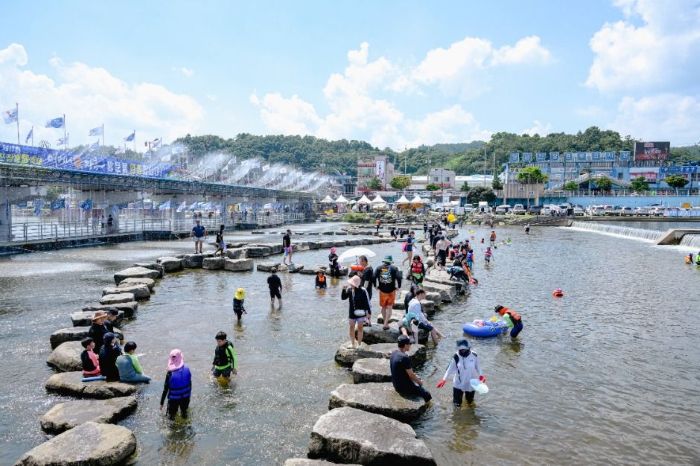 돌다리를 따라 탐진강 물놀이를 즐기는 가족 단위 방문객들, 시원한 물줄기와 함께한 여름 축제