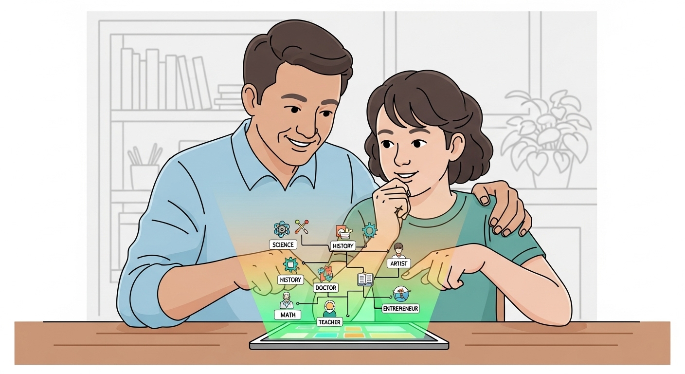 학부모와 학생이 함께 진로 탐색 및 과목 선택을 논의하는 모습