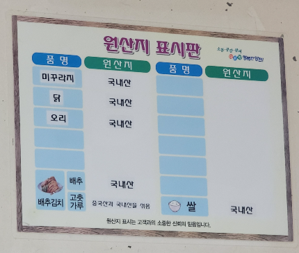능이랑추어랑 원산지 표시판