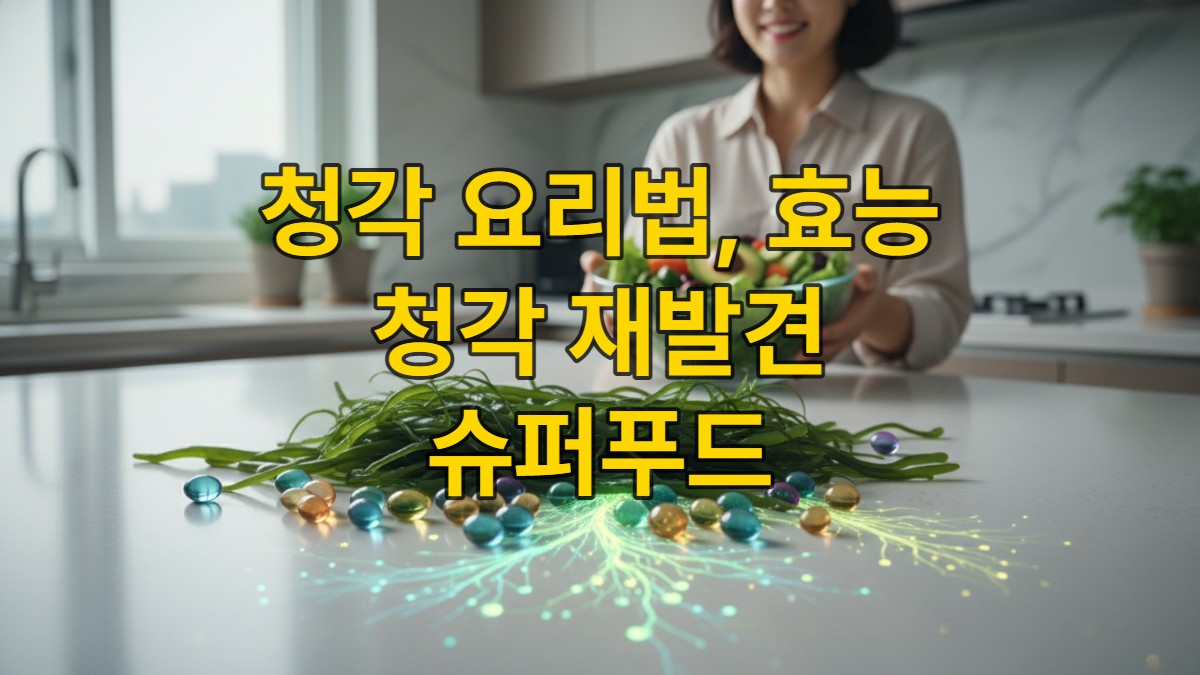 신선한 청각 해초와 건강한 장을 상징하는 밝은 이미지, 항비만과 장 건강 효능을 강조