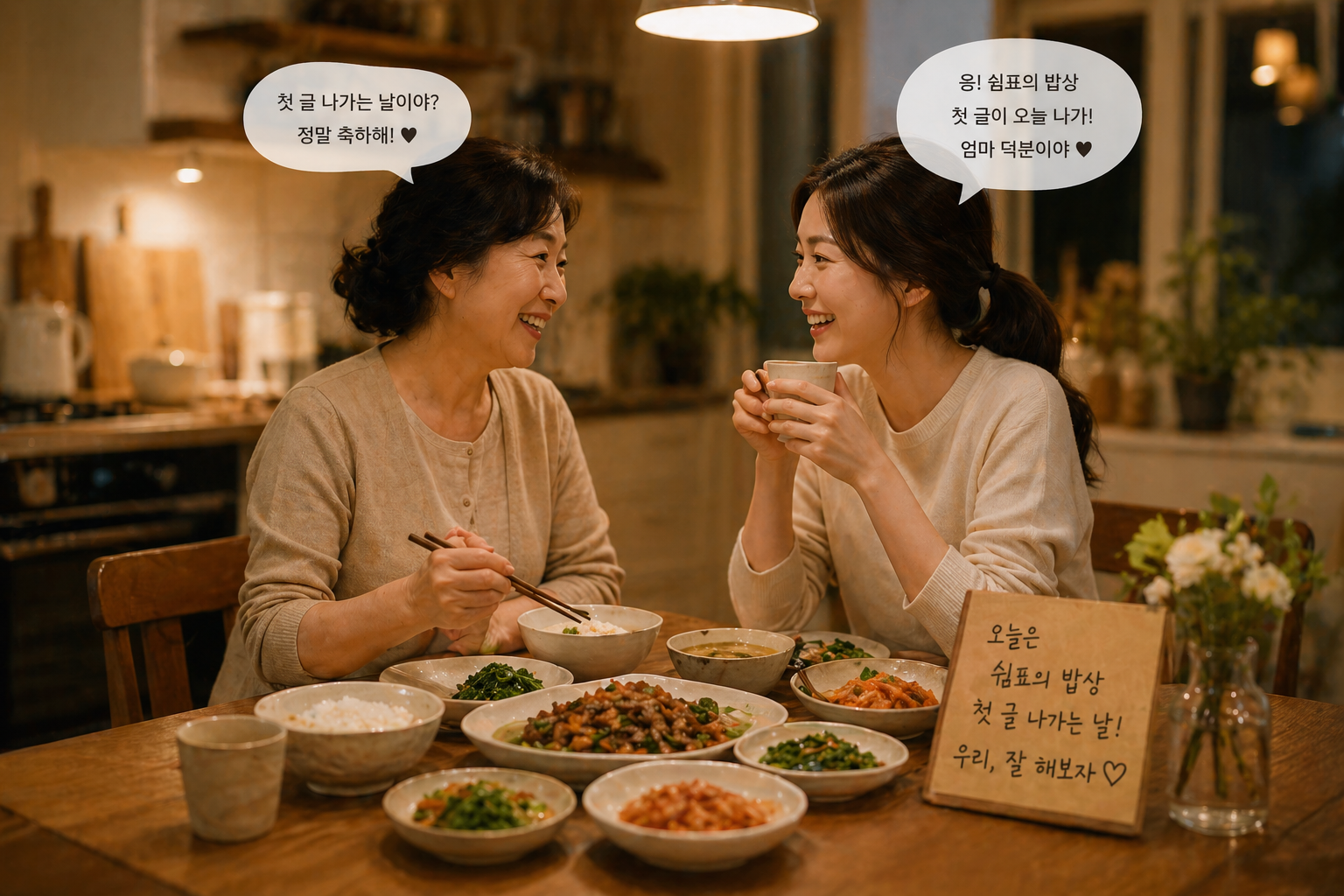 엄마와 직장인 딸이 마주 앉아 대화하며 집밥을 먹는 따뜻한 저녁 식탁 이미지