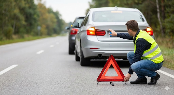 사고 현장에서 안전 삼각대를 설치하고 비상등을 켠 채 후속 차량에 경고를 보내는 안전 확보 모습