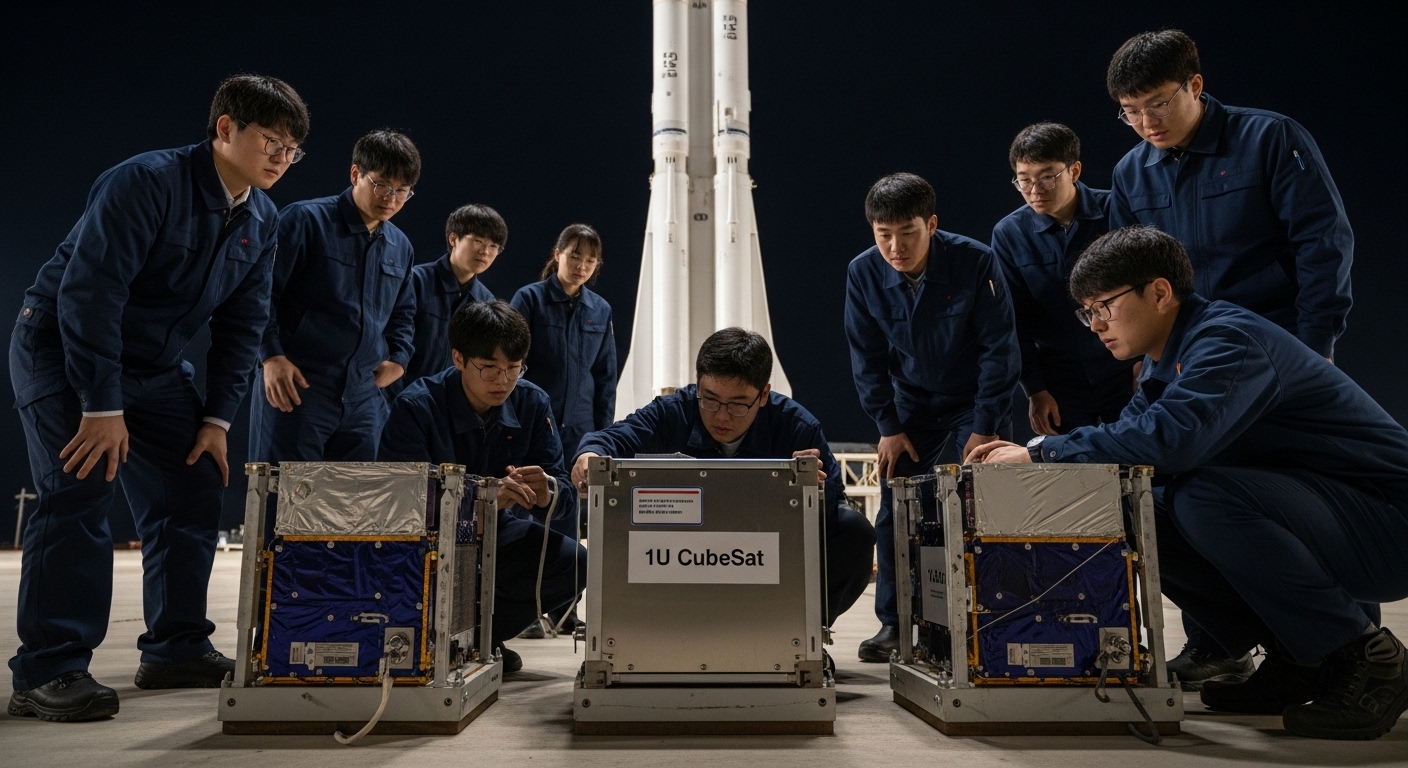 a rocket launch site at night with a group of young Korean engineers