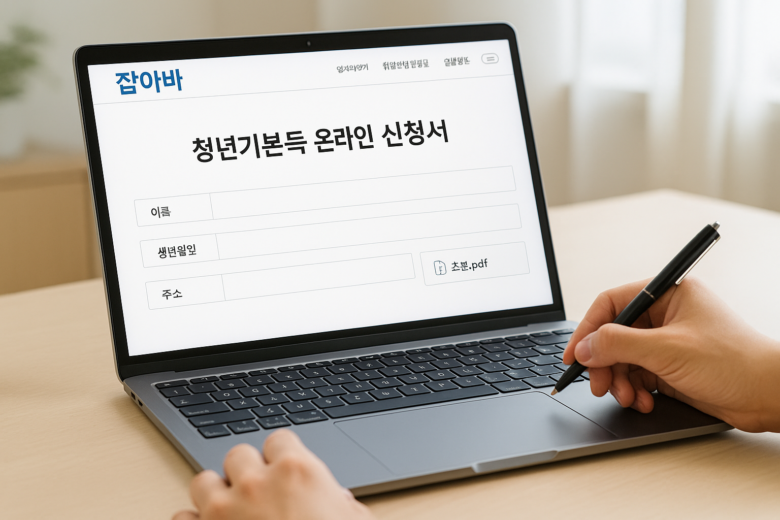 노트북 화면에 &lsquo;잡아바&rsquo; 사이트가 열려 있고, 24세 청년이 온라인 신청서를 작성 중인 장면