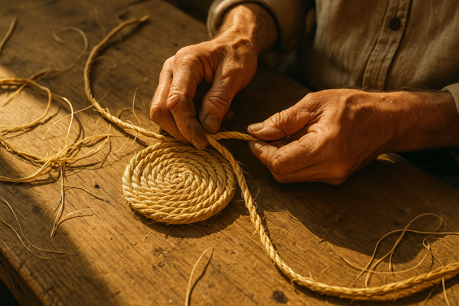 장인의 손이 볕든 작업대에서 짚 새끼줄을 돌려 감아 원형 코스터를 만드는 이미지