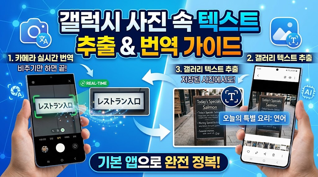 갤럭시 스마트폰 갤러리 및 카메라 화면에서 텍스트 추출 아이콘을 눌러 글자를 복사하는 인포그래픽 썸네일