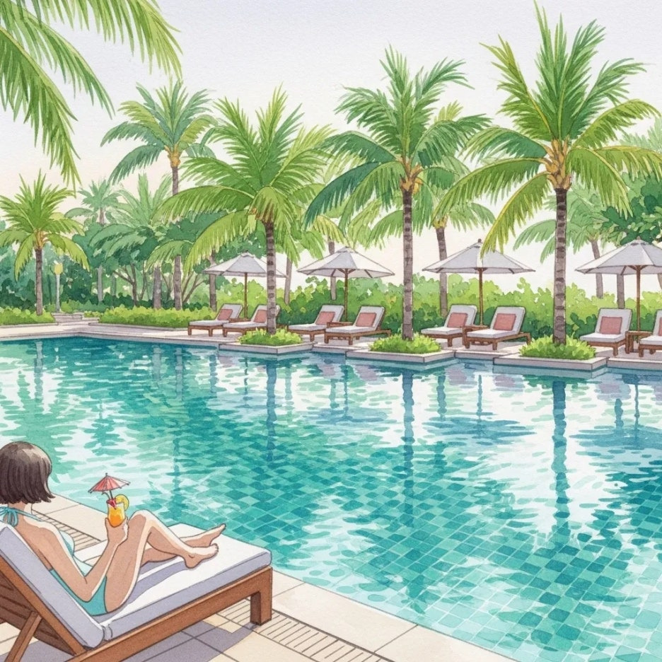 나트랑 리조트의 수영장에서 여유를 즐기는 모습