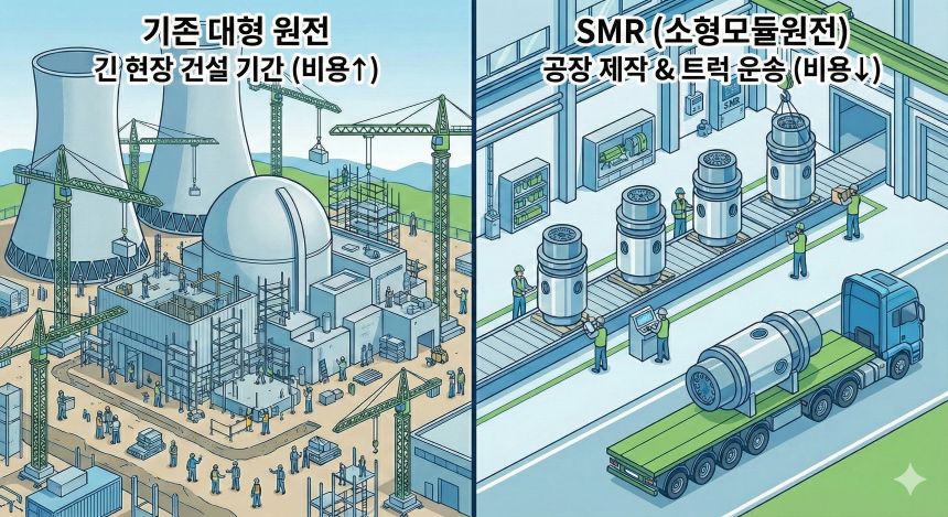 기존 대형 원전과 SMR 소형모듈원전의 건설 방식 및 비용 비교