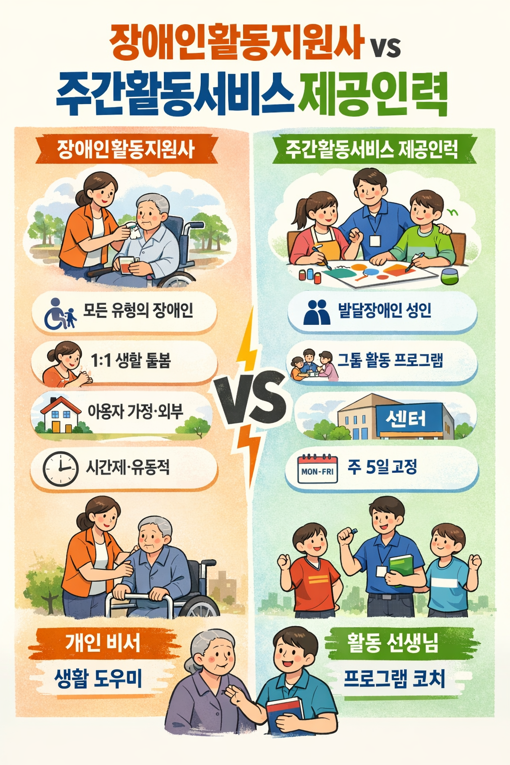 장애인 활동지원사 vs 주간활동서비스 제공인력 차이 확인하고 나에게 맞는 선택하기