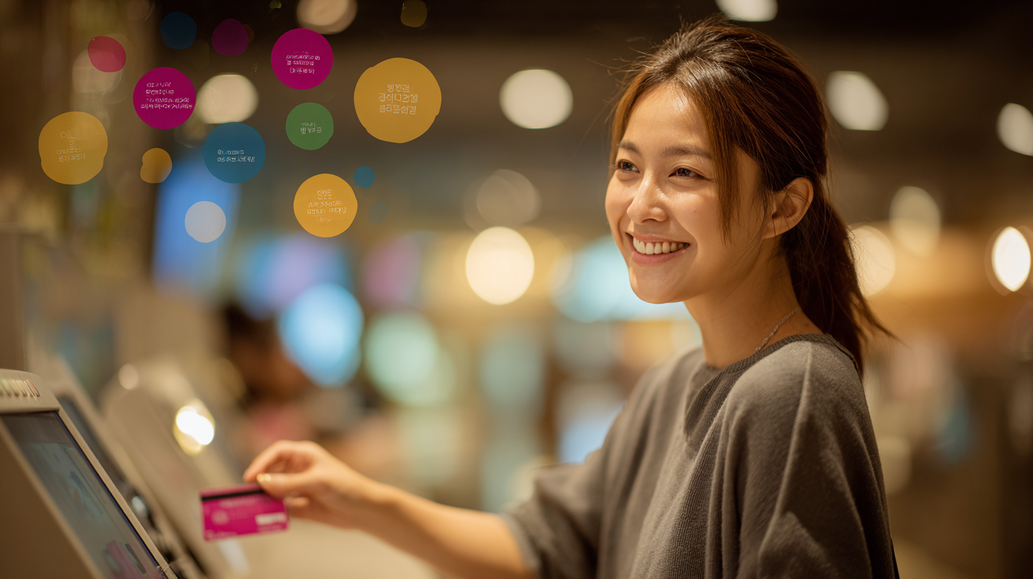한국인 청년이 영화관 키오스크에서 다양한 할인 배지를 동시에 적용하여 티켓을 결제하는 장면