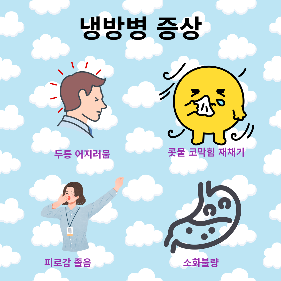 냉방병 증상 두통 어지러움 콧물 코막힘 재채기 피로감 졸음 소화불량