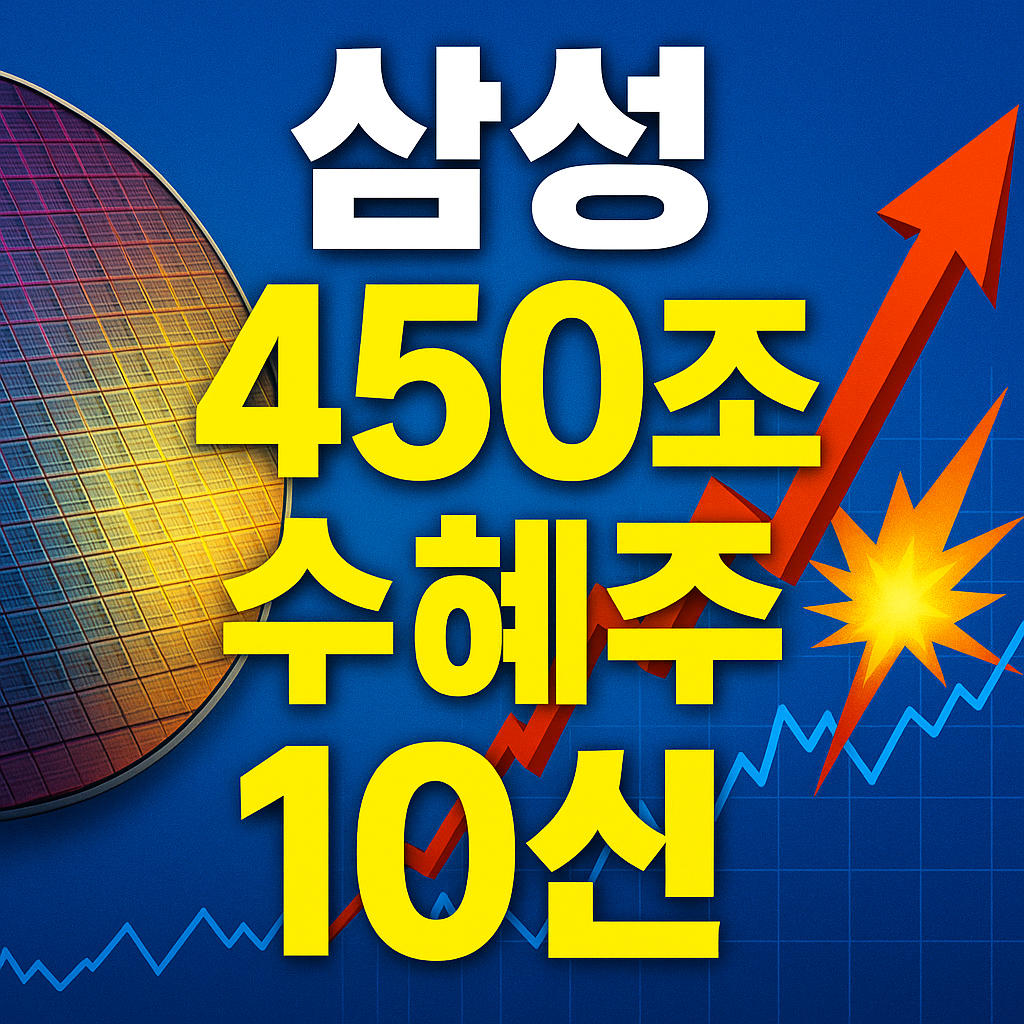 &ldquo;삼성의 450조 국내 투자 발표와 함께 &lsquo;수혜주 폭발?&rsquo;이라는 문구가 크게 들어간 자극적 썸네일 이미지. 파란 배경 위에 반도체 칩, 상승 화살표, 돈다발 아이콘이 강조된 그래픽 디자인.&rdquo;