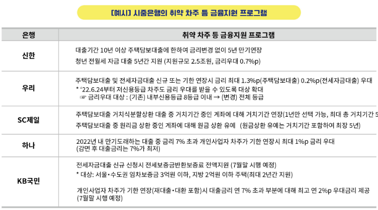 시중은행의 취약 차주 등 금융지원 프로그램의 예시