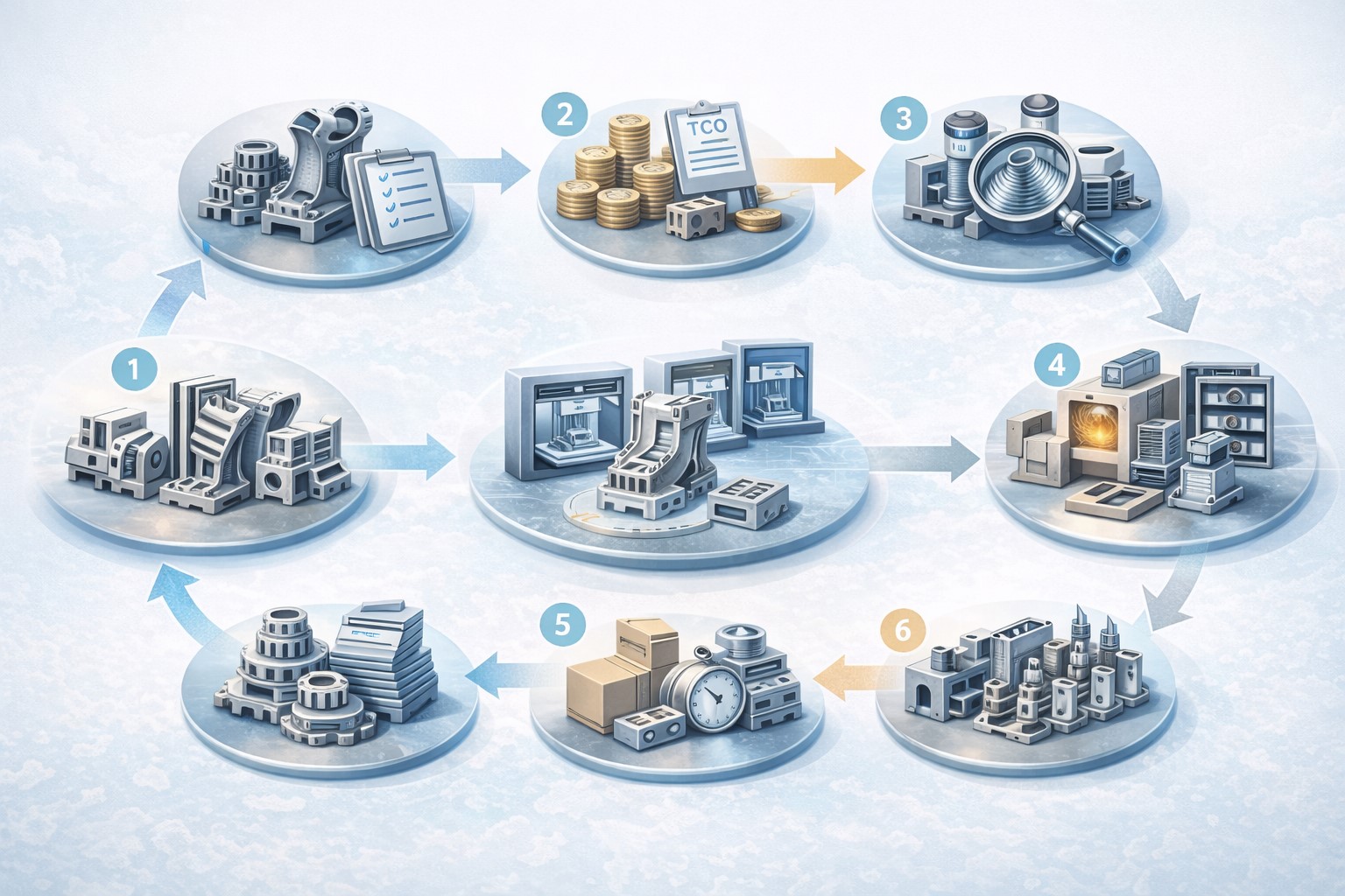금속 3D 프린팅 도입 루틴 7단계를 아이콘과 화살표 흐름으로 정리한 체크리스트 다이어그램 이미지