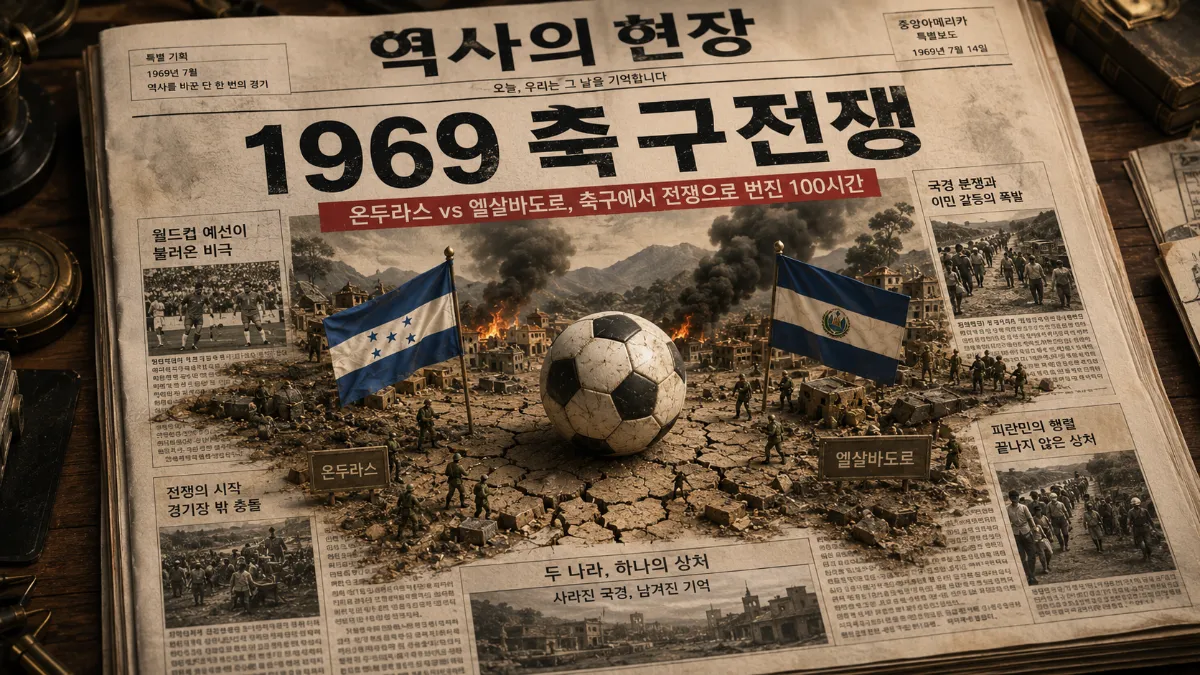 1969년 온두라스와 엘살바도르의 축구전쟁, 월드컵 예선이 실제 전쟁으로 번진 역사적 사건을 신문 디오라마로 표현한 이미지