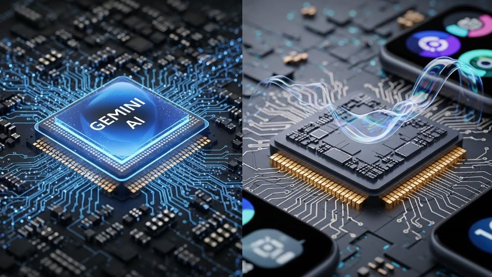 스마트워치의 내부 구성 요소와 첨단 AI 기능을 강조하는 첨단 시각 자료입니다.