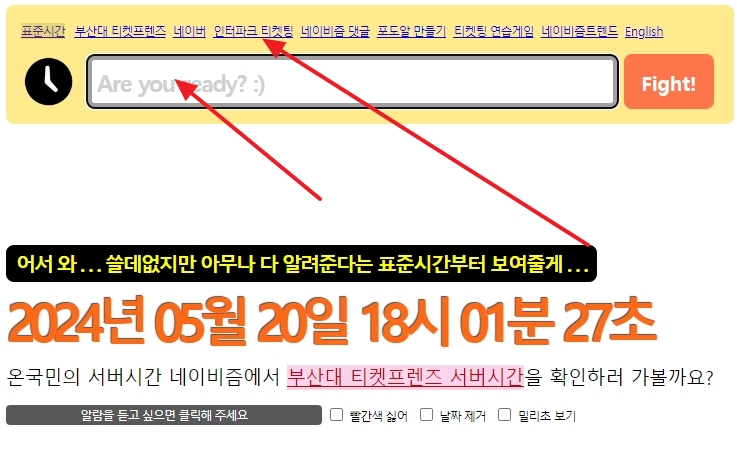 인터파크 티켓 주소를 입력한 뒤 초 단위로 흘러가는 정확한 서버 시간을 보여주는 화면