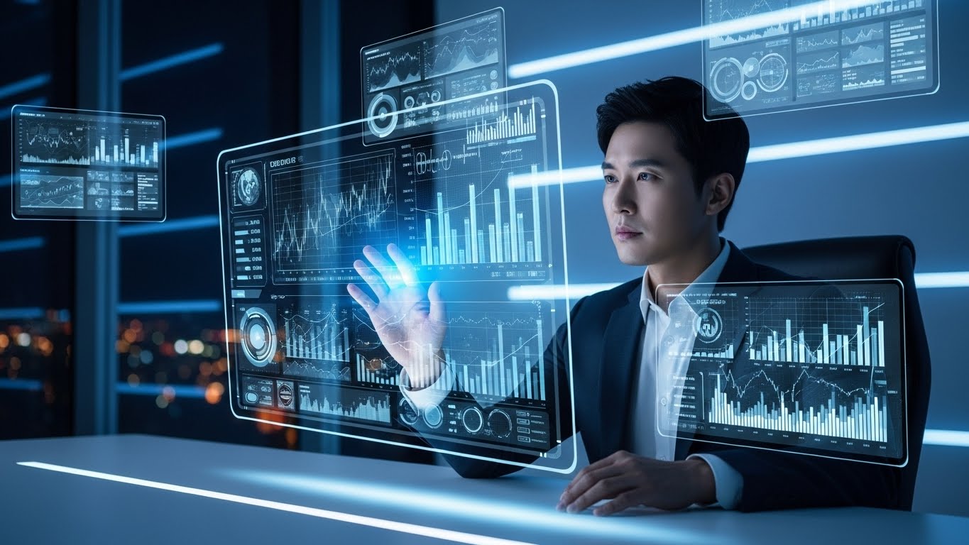 2026년 미래형 사무실에서 홀로그램 데이터를 활용하여 AI 시스템과 협업하는 한국인 전문가의 모습