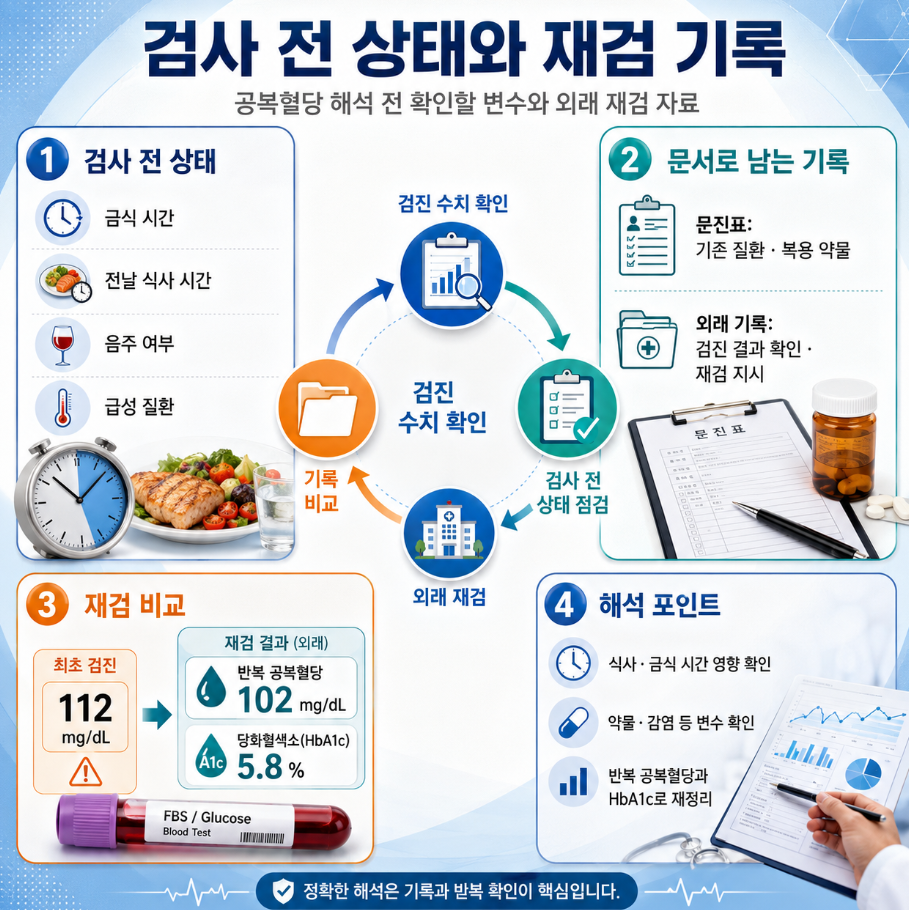 검사 전 금식 시간, 식사, 음주, 약물, 급성 질환 상태와 공복혈당 재검 기록을 비교하는 인포그래픽