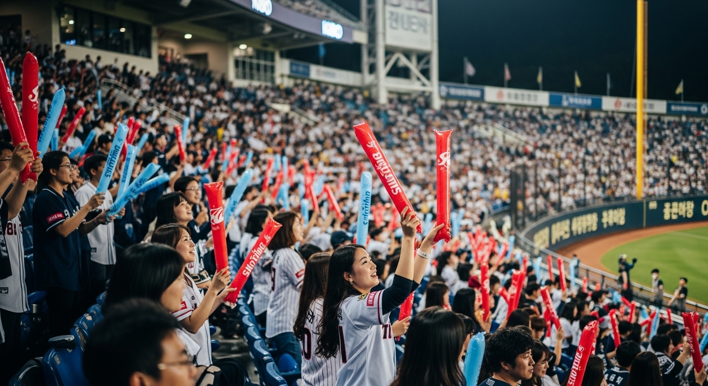KBO 야구 경기장에서 팬들이 응원봉과 유니폼을 입고 열정적으로 응원하는 활기찬 모습