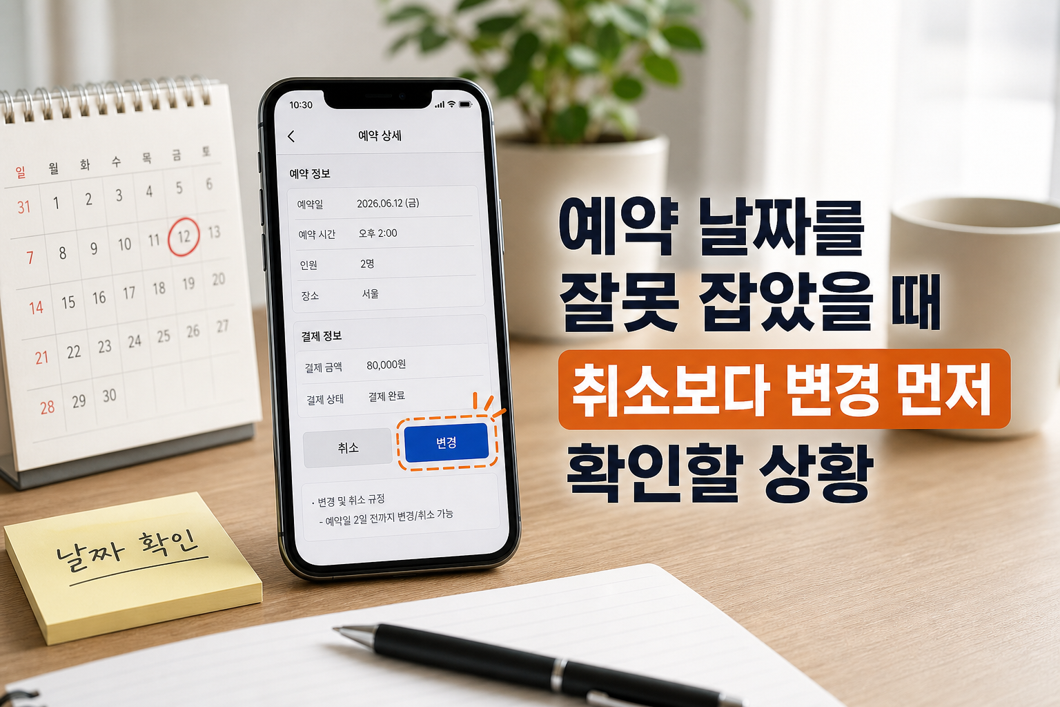 예약 상세 화면에서 날짜와 변경 버튼을 확인하는 스마트폰과 달력
