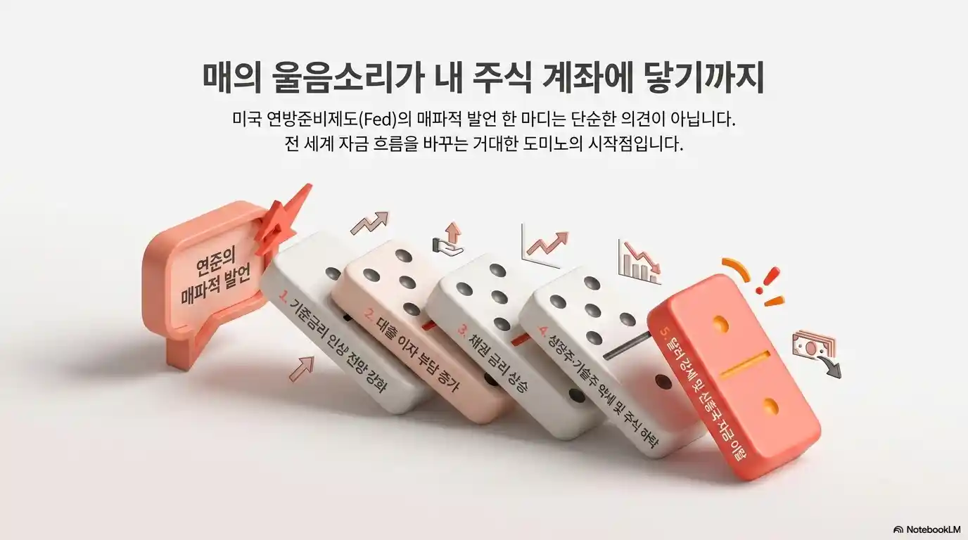 연준 매파적 발언이 주식 계좌에 미치는 영향 - 기준금리 인상부터 신흥국 자금 이탈까지 5단계 도미노