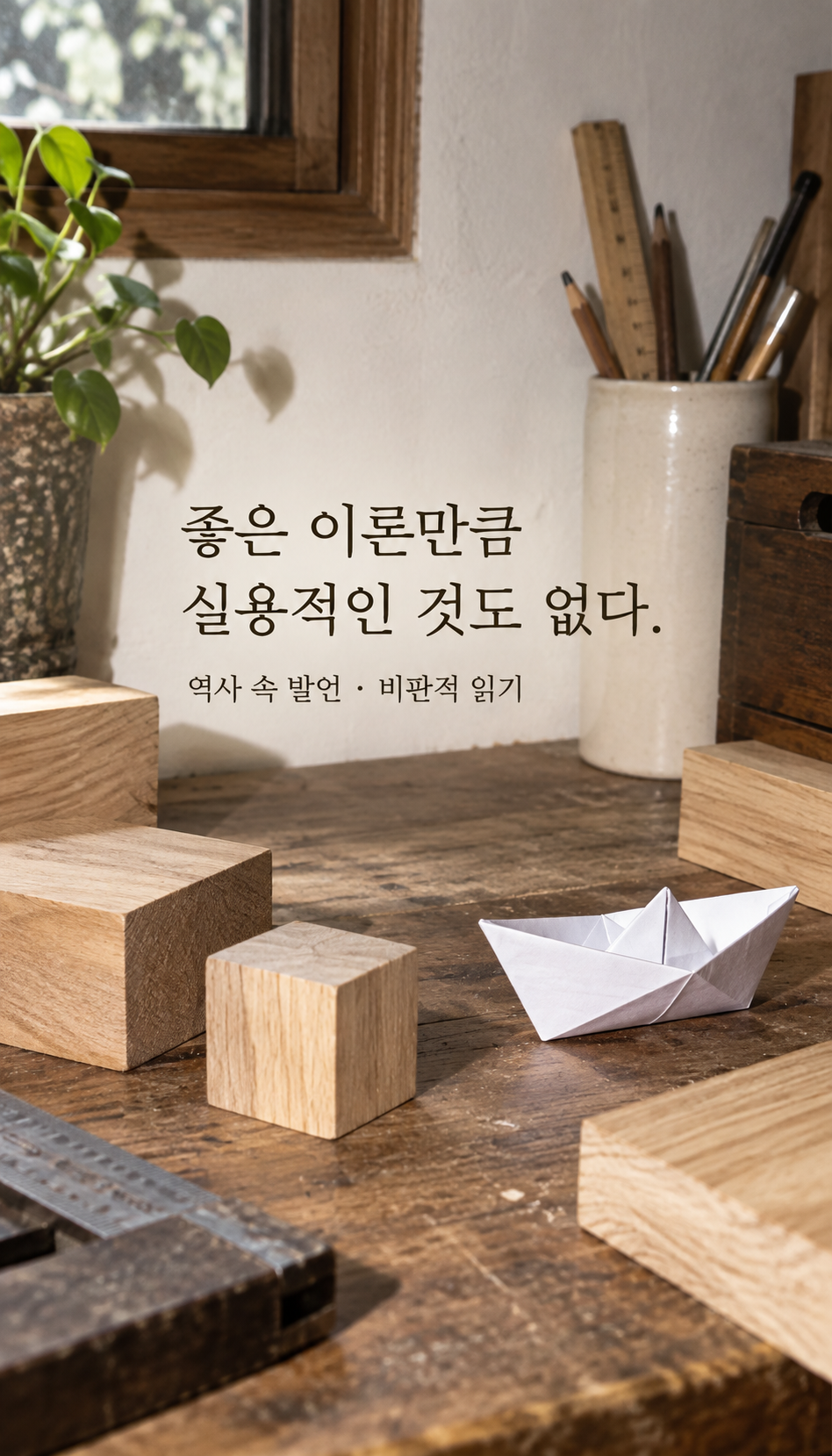 나무 조각과 종이 모형이 있는 작업 공간 — 좋은 이론만큼 실용적인 것도 없다.