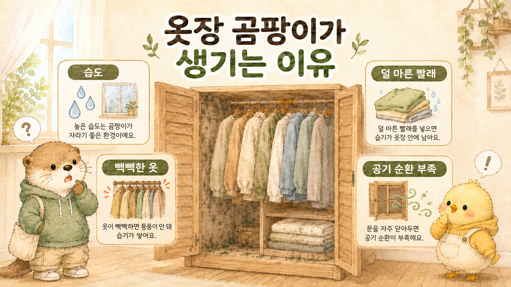 높은 습도와 공기 순환 부족으로 옷장 곰팡이가 생기는 원인