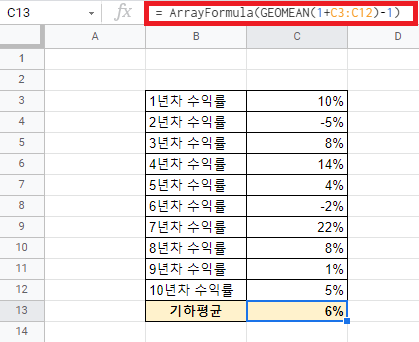 스프레드시트-매년-수익율-표로부터-CAGR을-구하는-방법