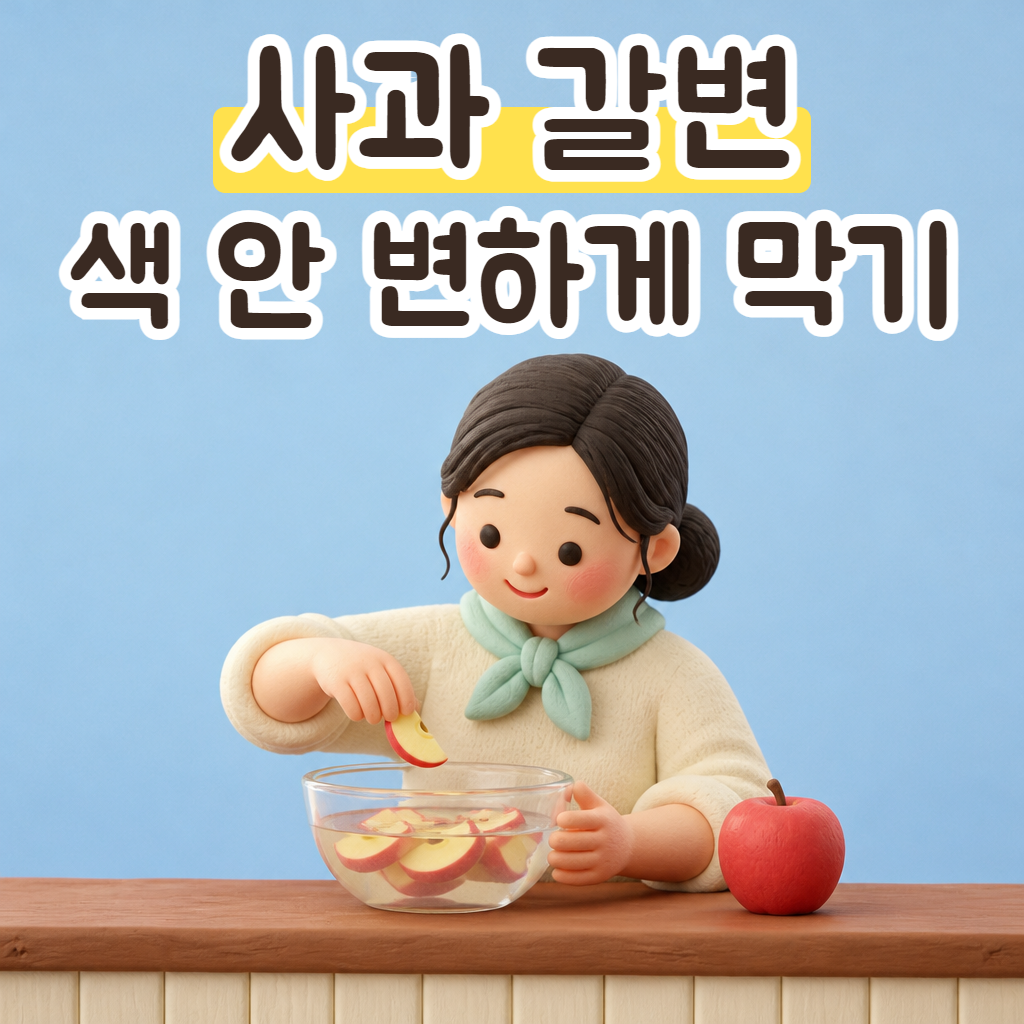 주방 조리대에서 사과 조각을 물그릇에 담그는 성글이