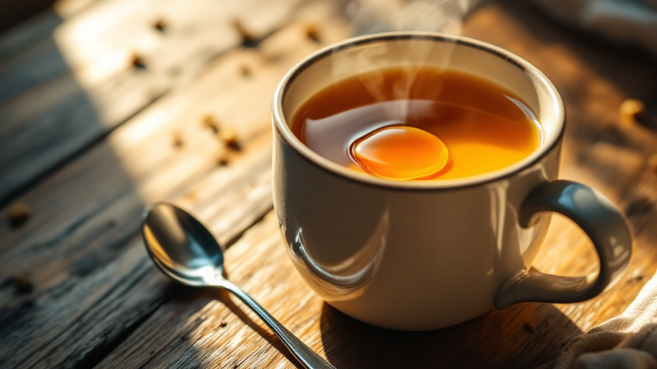 따뜻한 생강차에 꿀 한 스푼을 넣는 모습의 클로즈업