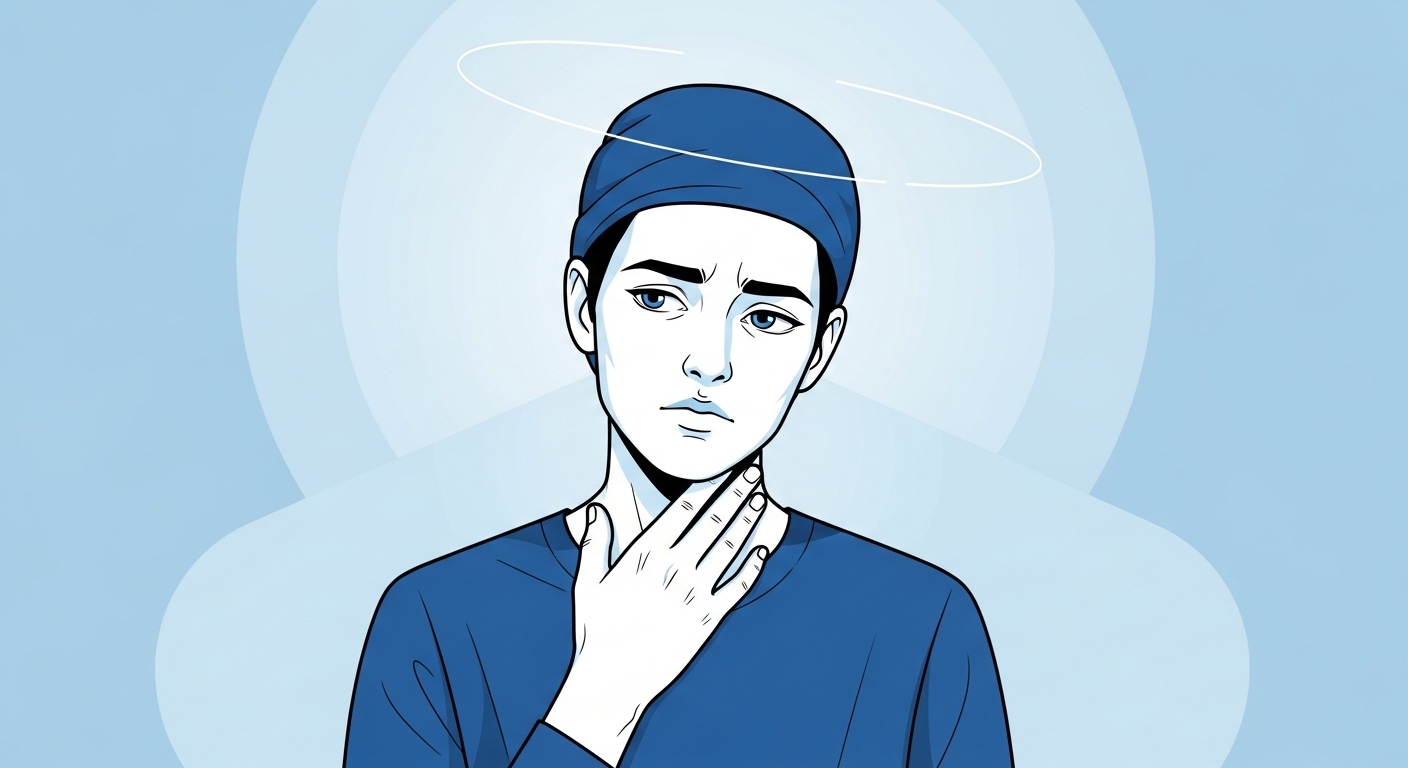 2025년 코로나 초기 증상인 목 통증과 피로감을 느끼며 생각에 잠긴 사람의 모습.