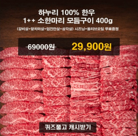 11월 12일 산지직송 하누리 한우 1++ 소한마리 모듬구이 400g 캐시워크 정답