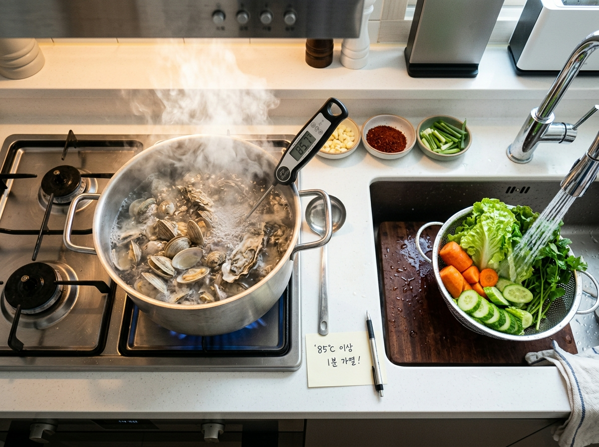 노로바이러스 음식 예방, 생굴 가열 조리, 85도 이상 1분, 어패류 식중독 예방