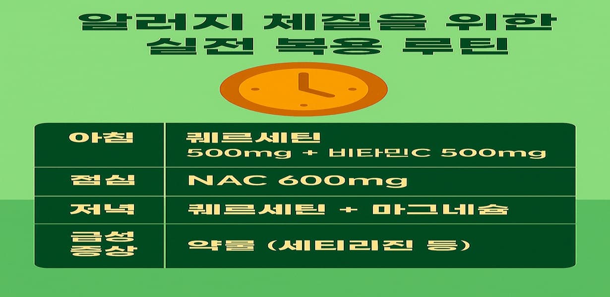 “하루 복용 시간대별로 퀘르세틴, NAC, 비타민C, 마그네슘, 세티리진 등을 정리한 알러지 완화 루틴 표형 인포그래픽”