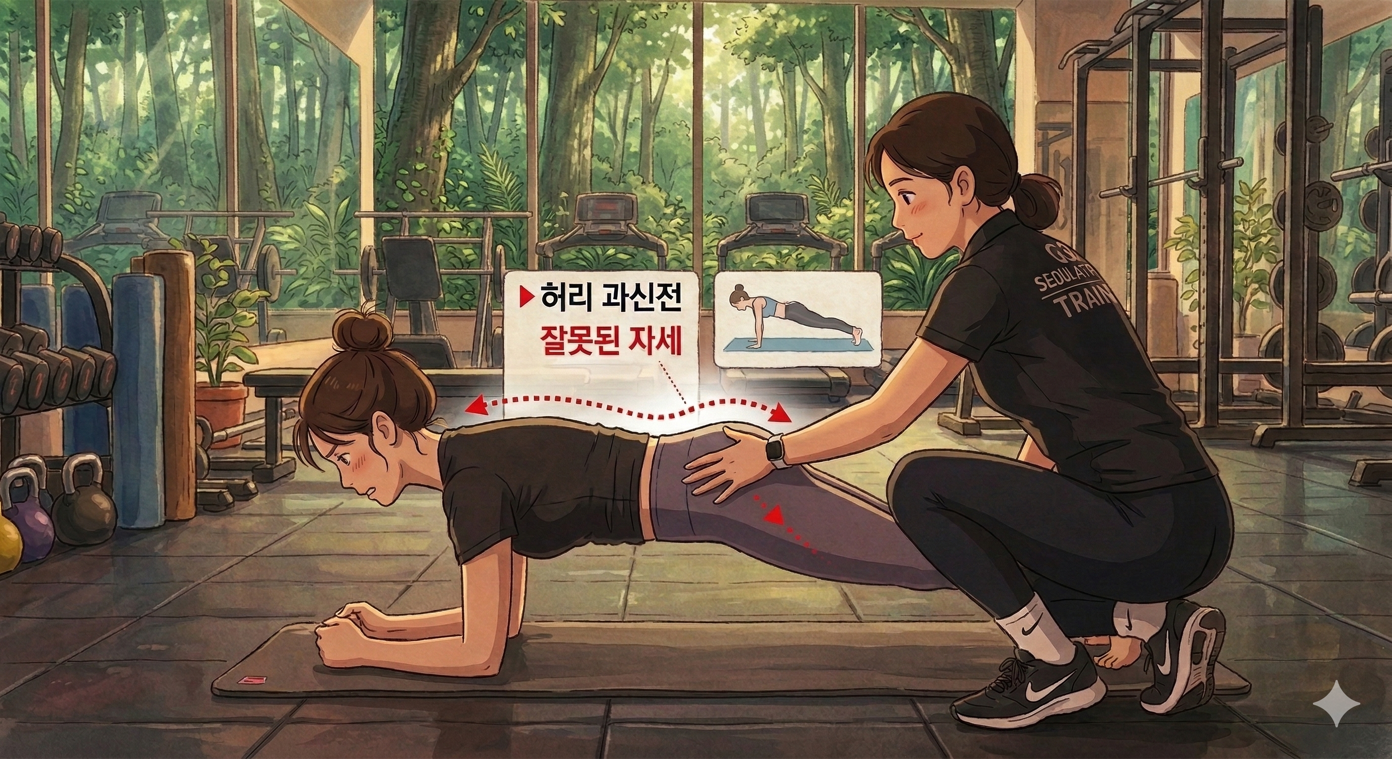 플랭크 잘못된 자세 허리 과신전 코어 붕괴