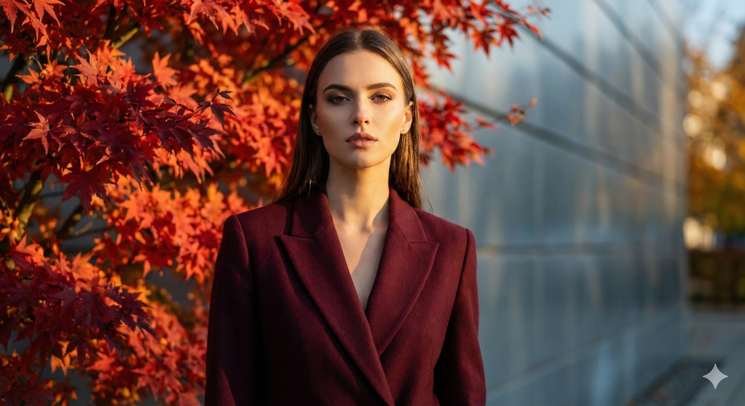 단풍과 금속 건축물을 배경으로 깊이 있는 색상의 의상을 입은 여성 모델, 가을과 겨울 퍼스널 컬러의 분위기를 담은 이미지