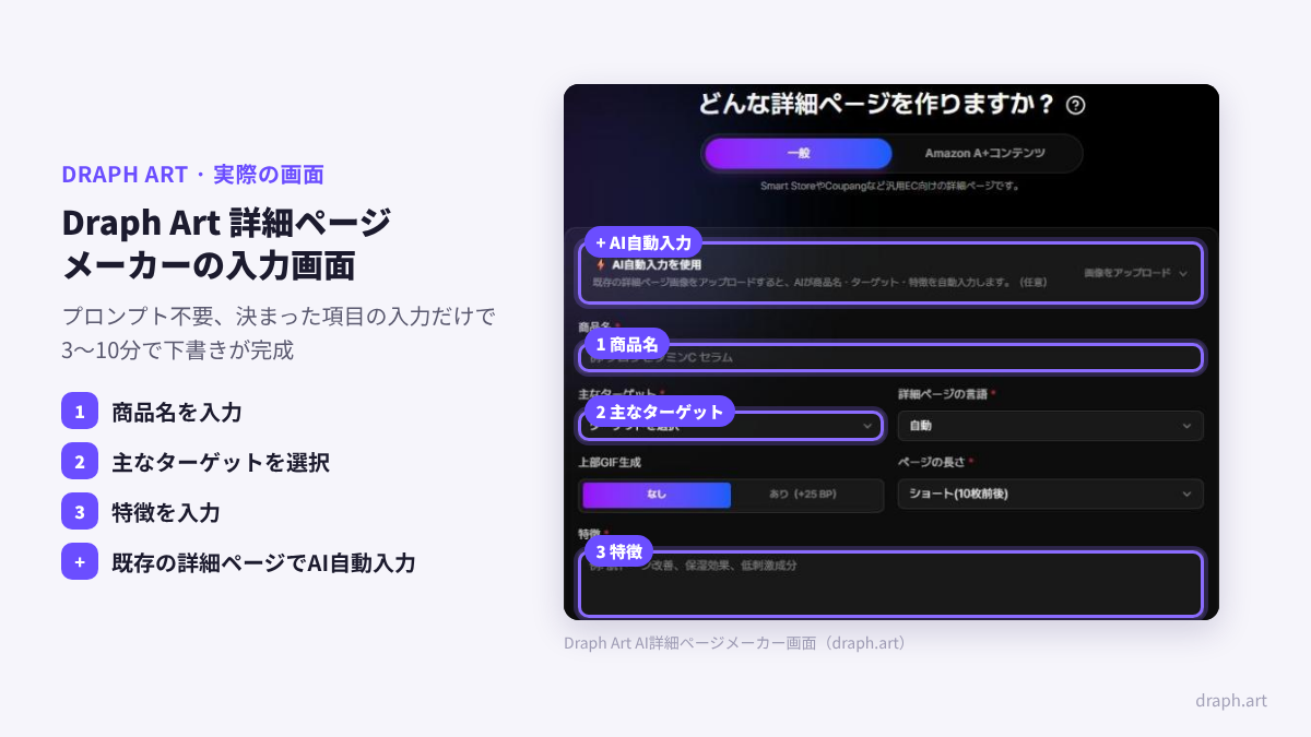 Hookableの口コミ 商品ページ作成ガイド：Draph Art詳細ページメーカーの商品名・主なターゲット・特徴の入力画面